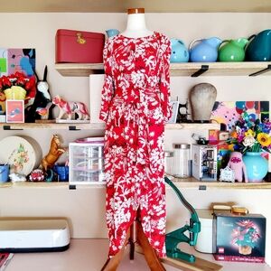 TOPSHOP Asian Theme Fabric Lacquer Red Dress Deep Split Back Faux Sarong Size 6